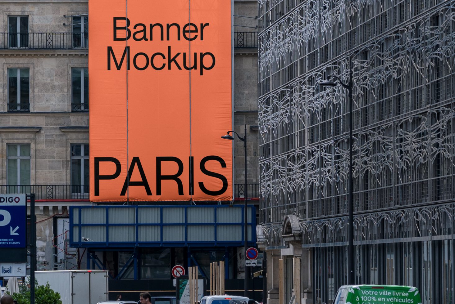 Urban banner mockup on orange background hanging on city building for advertising design presentation, with "PARIS" text, realistic outdoor setting.